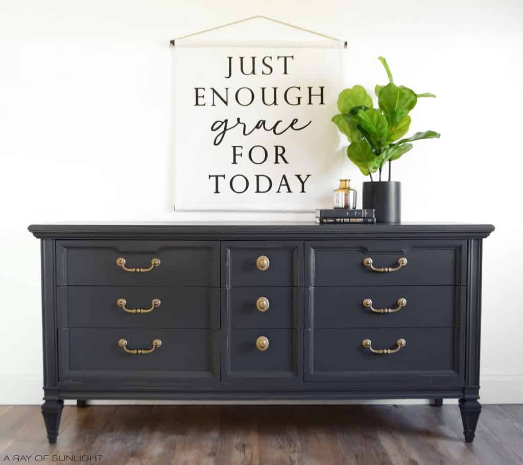grey chalk painted dresser with gold hardware