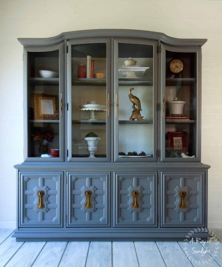gray chalk painted china hutch with white interior