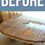 A wooden dining table being stripped of its finish, with BEFORE text above the image.