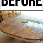 A wooden table being refinished, with visible scratches and stripper applied; “BEFORE” text above.