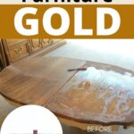A wooden table being prepped for gold spray painting, with before and after inset images.
