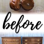 Two wooden dressers and drawer knobs, with the word before in large script across the center.