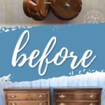 Two brown wooden dressers and round wooden drawer knobs with the word before written across the center.