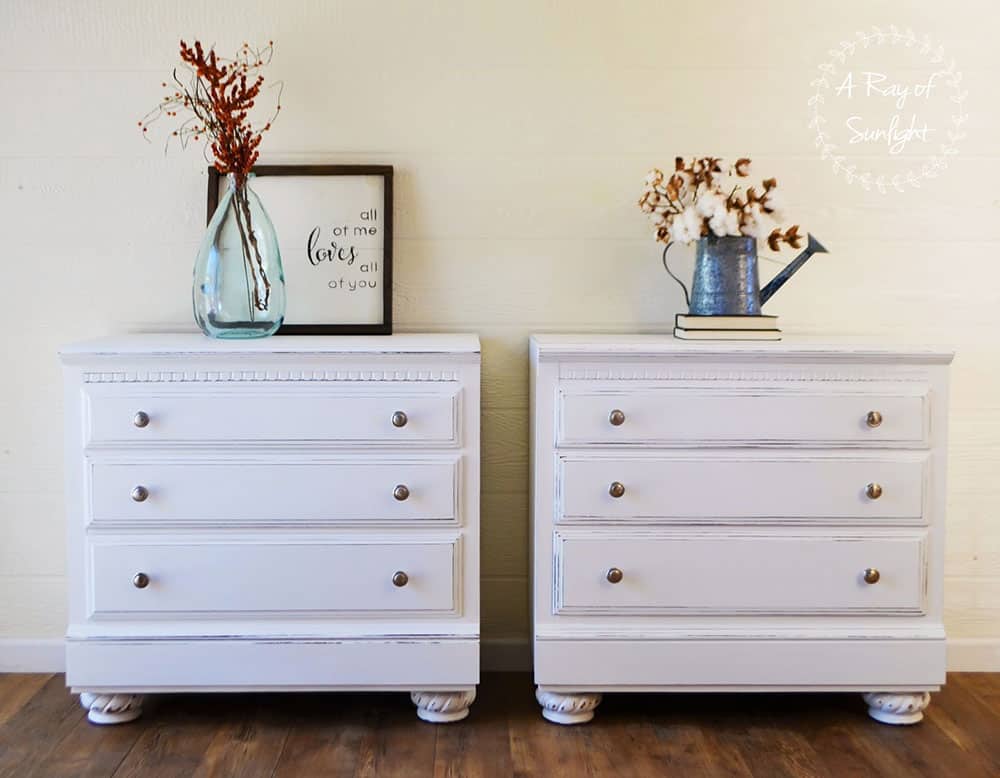 white painted 3 drawer nightstands with bun feet and painted white with distressing