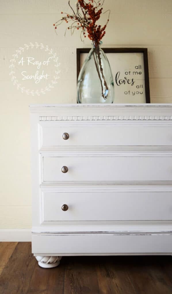 white painted and distressed 3 drawer nightstand with bun feet