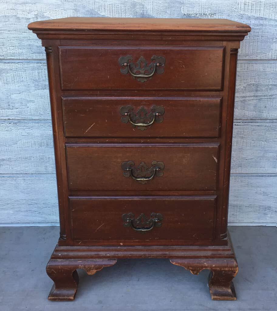 before- mahogany wood nightstand with 4 drawers