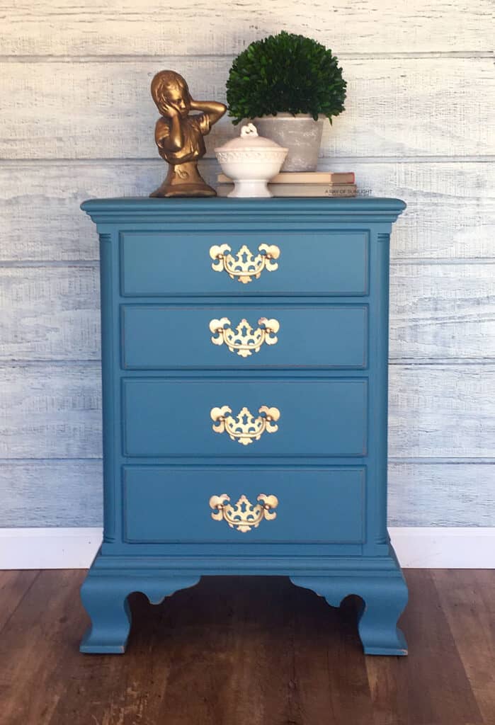 blue chalk painted nightstand with 4 drawers and brass hardware
