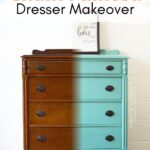 A dresser half brown wood, half painted turquoise, showing a before and after chalk paint makeover.