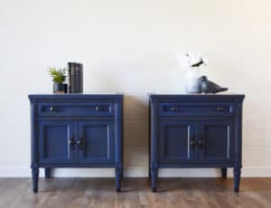 Antique Blue Nightstands in Midnight Sky Country Chic Paint with Dark Roast Glaze By A Ray of Sunlight