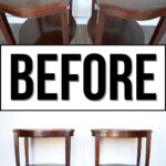 Two worn, dark wood side tables shown from above and the front, with BEFORE text in bold across the middle.
