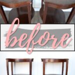 Two scratched, dark wood side tables shown from above and front, with before text in pink across the center.