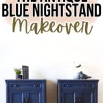 Two antique blue nightstands with books, a bird statue, and a flower on top, against a white wall.