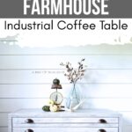White industrial coffee table with drawers and rustic cup pulls.