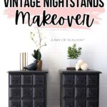 Two black vintage nightstands with apothecary-style drawers, plants, and books on top against a white wall.