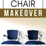 Two white cane back chairs with dark blue cushions against a light wall