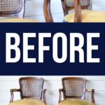 Two vintage wooden armchairs with cane backs and yellow velvet seats