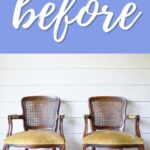 Two vintage wooden armchairs with cane backs and yellow seats against a white shiplap wall, before above.