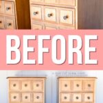 Two light wood dressers with drawers, shown with the word BEFORE in bold text across the center.