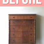 A vintage wooden dresser with five drawers stands below a BEFORE label on a pink background.