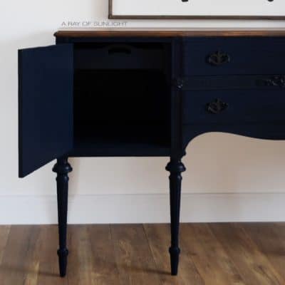 Antiqued Blue Farmhouse Buffet with cabinet door open