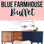 Side-by-side of a wooden buffet, half refinished in dark blue and half in its original brown wood.