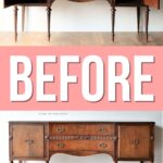 A vintage wooden sideboard shown open and closed, with BEFORE in bold letters on a pink background.