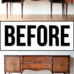 Split image: Top shows an open vintage wooden sideboard; bottom shows the same sideboard closed with BEFORE text.