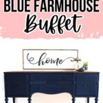 A dark blue painted antique buffet with stained top