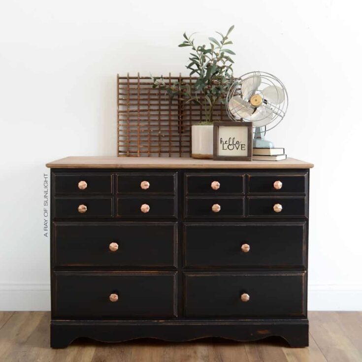 Black Vintage Dresser with Gold Hexagon Knobs | The complete makeover and how to create a wood top for your dresser by A Ray of Sunlight