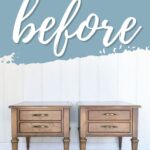 Two matching wooden side tables against a white wall with before written in large script above them.