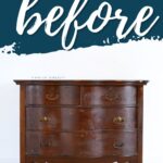 A vintage dark wood dresser with four drawers labeled before against a white background.