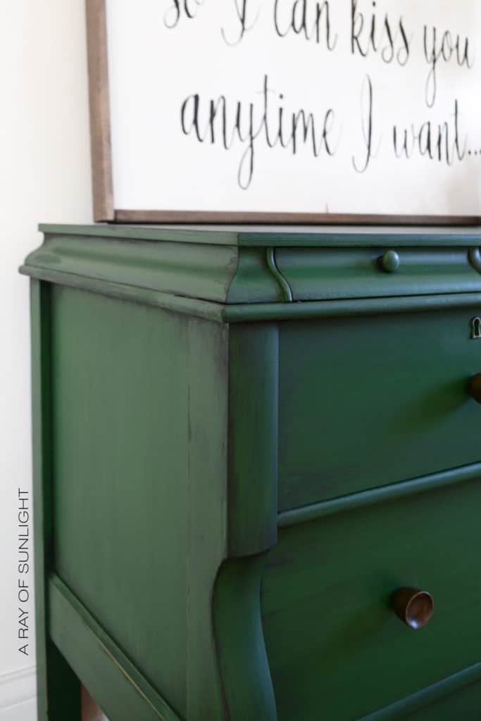 Green Painted Empire Dresser Makeover with Aged Brass Hardware - Painted Furniture by A Ray of Sunlight | How to Glaze Furniture with black glaze to create shadowing and design on your painted furniture. Glaze over chalk paint with black, brown, white or colored glaze instead of using wax! For this furniture project, we used Country Chic Paint products. Get this look on your bedroom or thrift finds! 