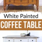 Before: Brown wooden coffee table; After: White painted coffee table with decor on top.