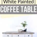 A white coffee table with drawers, plant, and bird decor against a white wall; text reads White Painted Coffee Table.
