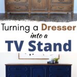 old wooden dresser turned into a blue painted tv stand