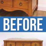 Wooden coffee table with drawers, shown from two angles, with text BEFORE in large white letters.