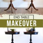 Two round end tables before and after a makeover; tables change from brown to black finish.