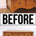 A wooden coffee table with drawers, shown from two angles, labeled BEFORE.