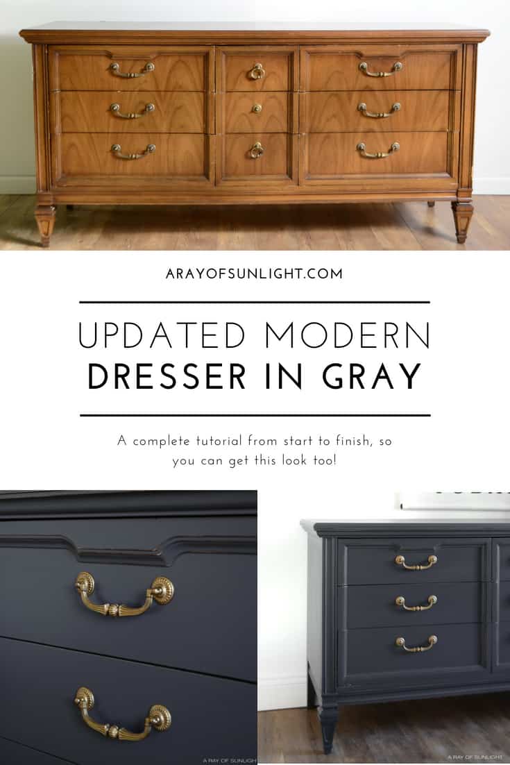 This vintage modern dresser got a complete makeover. From grey chalk paint, updated gold hardware, and freshly renewed drawers. I love how this deep grey finish is perfect for any home decor style. From farmhouse, to modern, to eclectic, and more! #farmhousedecor #furnituremakeover #furnituretransformation #paintedfurniture #chalkpaintedfurniture #modernfarmhouse #mcmfurniture #neutralfurniture #howtopaintfurniture 