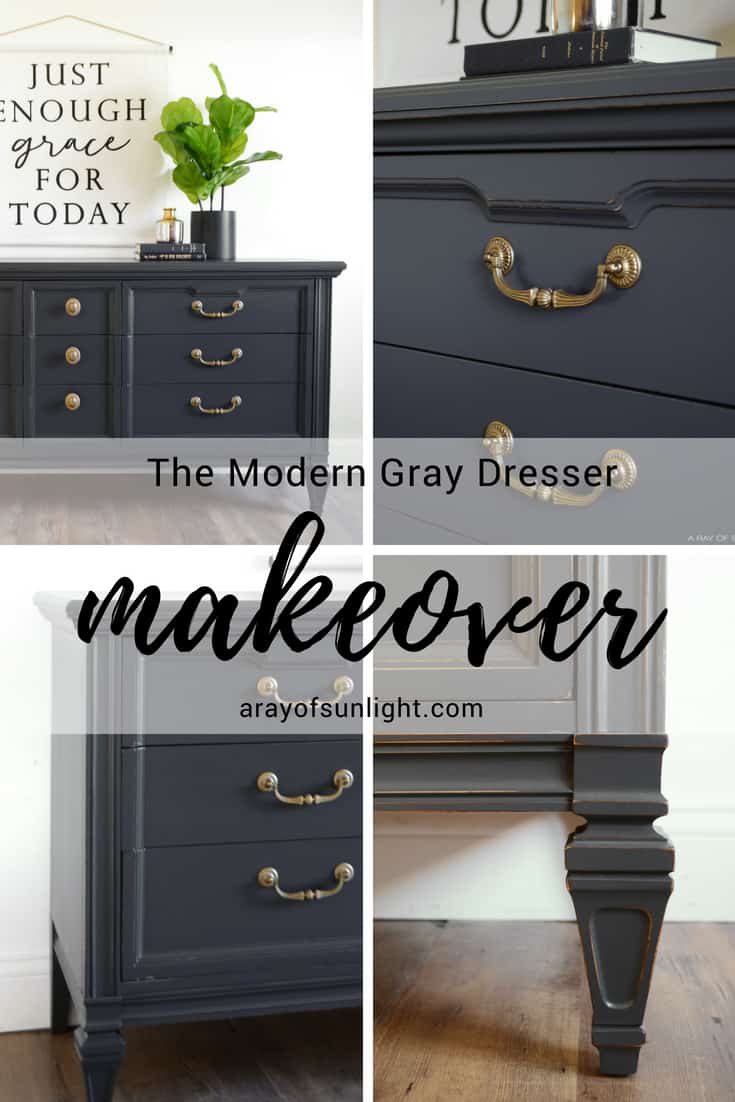 collage of grey painted dresser