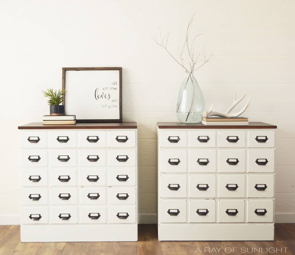 30 Amazing Faux Card Catalog Makeovers | I’ve scoured the web to bring you the best faux card catalog makeovers out there! Some are completely from scratch, some have been completely overhauled, and others have been changed just a little to create that apothecary style we love at A Ray of Sunlight #cardcatalog #Vintage #DIY 