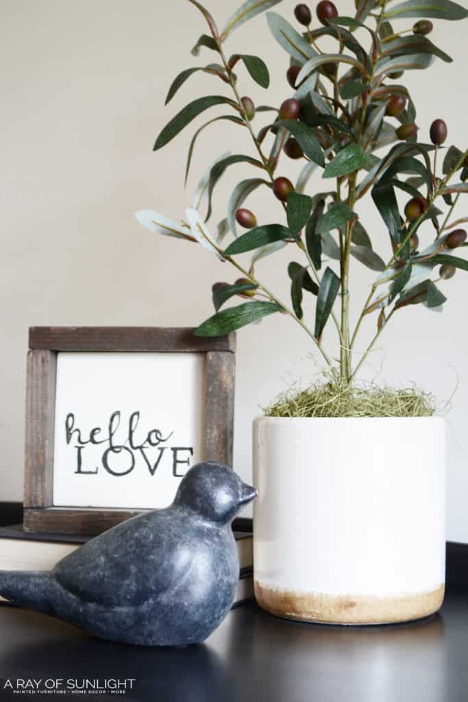 DIY Faux Olive Tree Plant | A quick farmhouse craft to update your decor on a budget. This same idea can be used to make so many different kinds of topiary plants! Quick and easy! arayofsunlight.com #farmhousedecor #budgetdecor