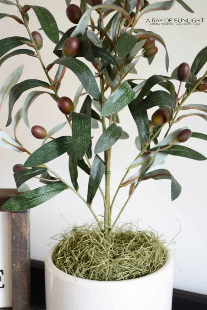 DIY Faux Olive Tree Plant | A quick farmhouse craft to update your decor on a budget. This same idea can be used to make so many different kinds of topiary plants! Quick and easy! arayofsunlight.com #farmhousedecor #budgetdecor