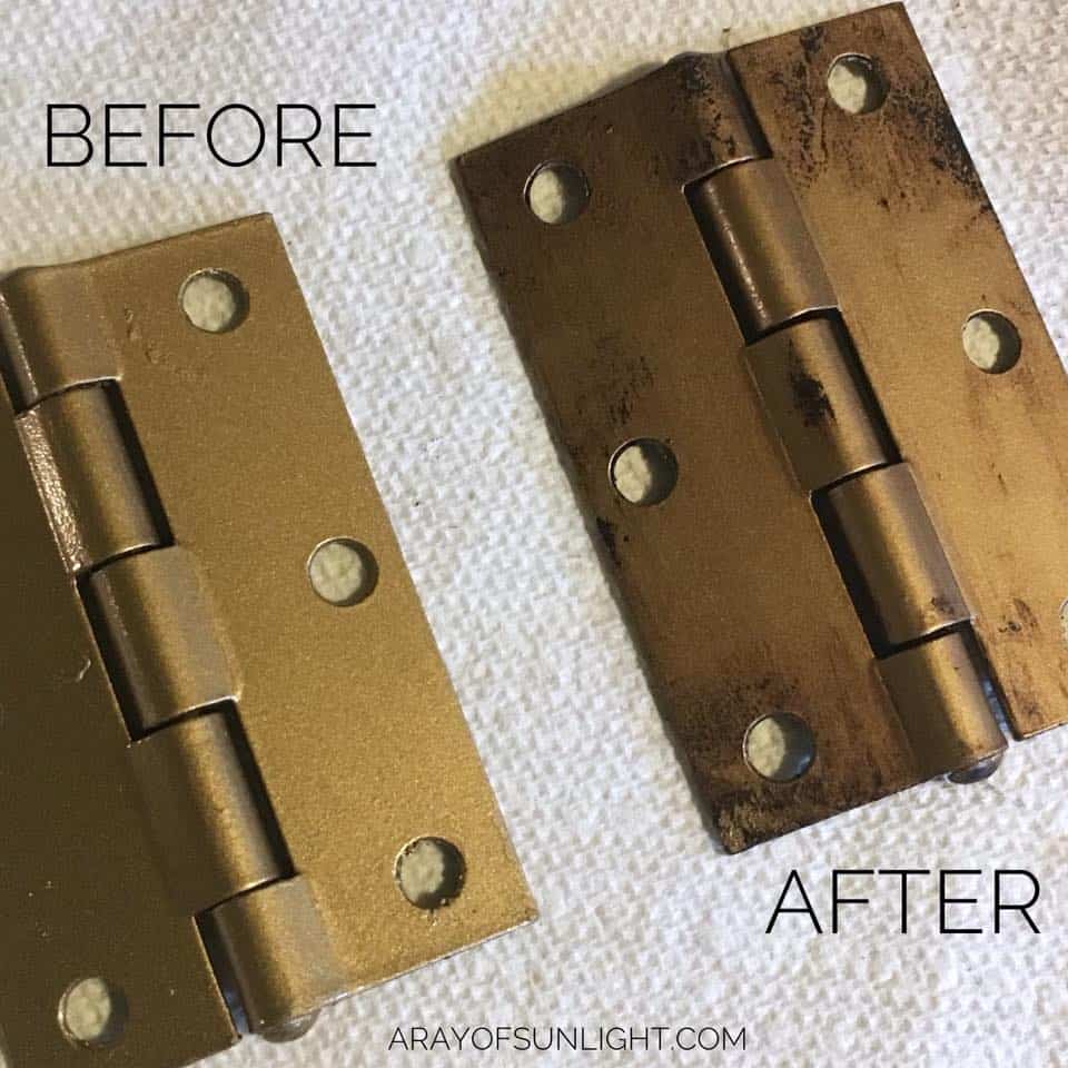 Hardware hinges before and after being painted with bronze spray paint