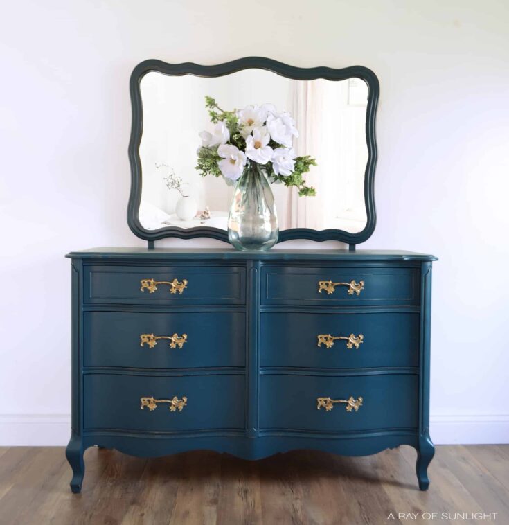 navy blue painted french provincial dresser with gold hardware