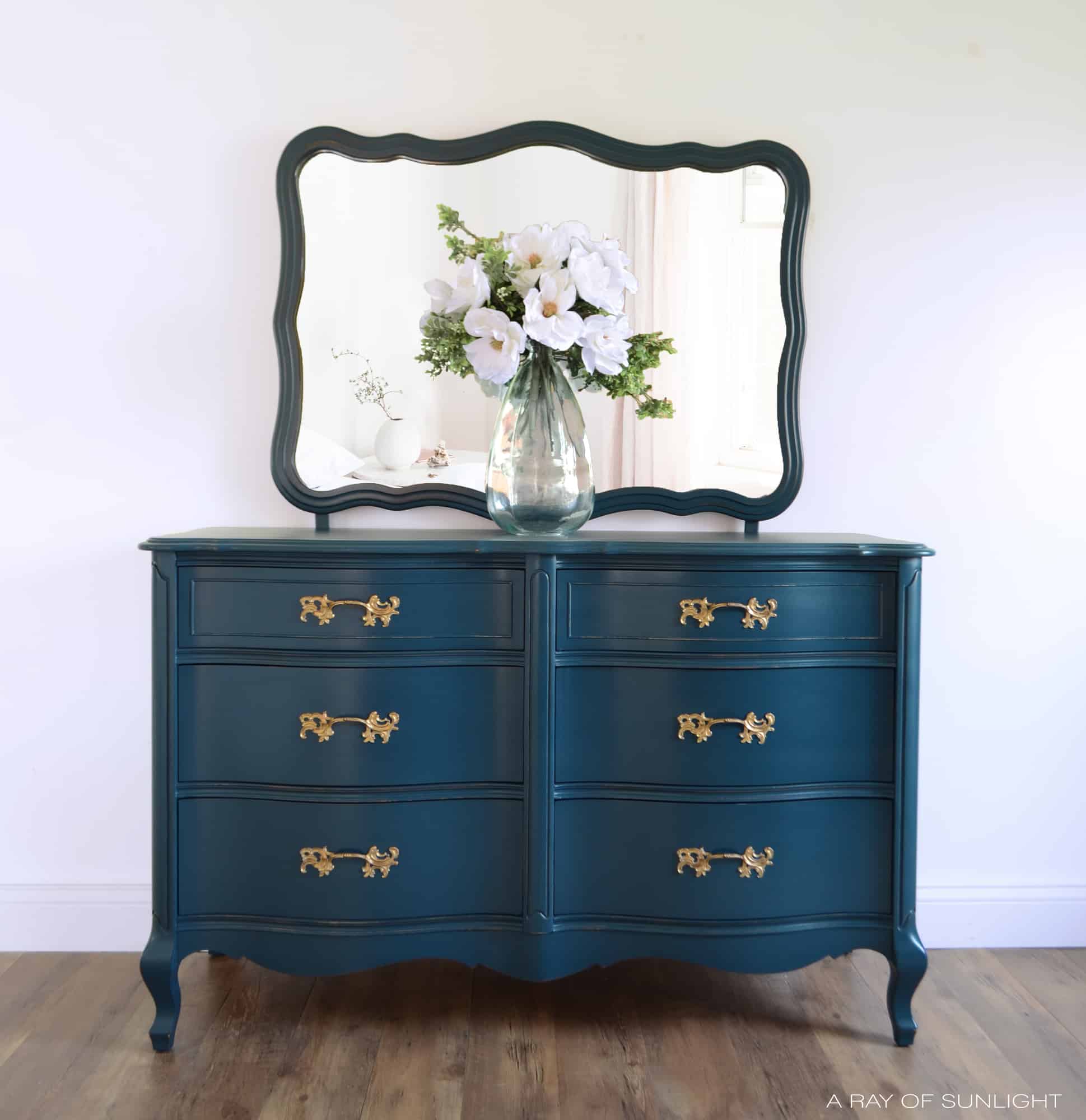 blue painted french provincial dresser with mirror and gold pulls