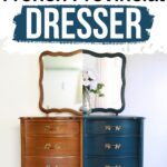 A French provincial dresser before and after blue paint, split down the middle with a mirror above.