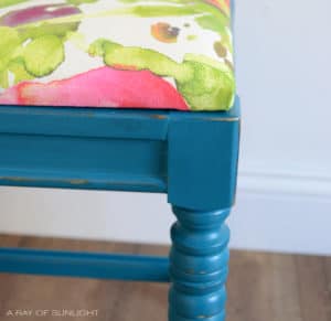 Bright Blue Vanity Stool or Entry Way Bench with pink and green floral print by A Ray of Sunlight