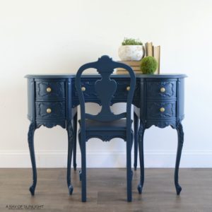 Ornate Antique Desk and Chair in Country Chic Paint Navy Blue with Antiqued Brass Hardware by A Ray of Sunlight