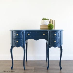 Ornate Antique Desk and Chair in Country Chic Paint Navy Blue with Antiqued Brass Hardware by A Ray of Sunlight